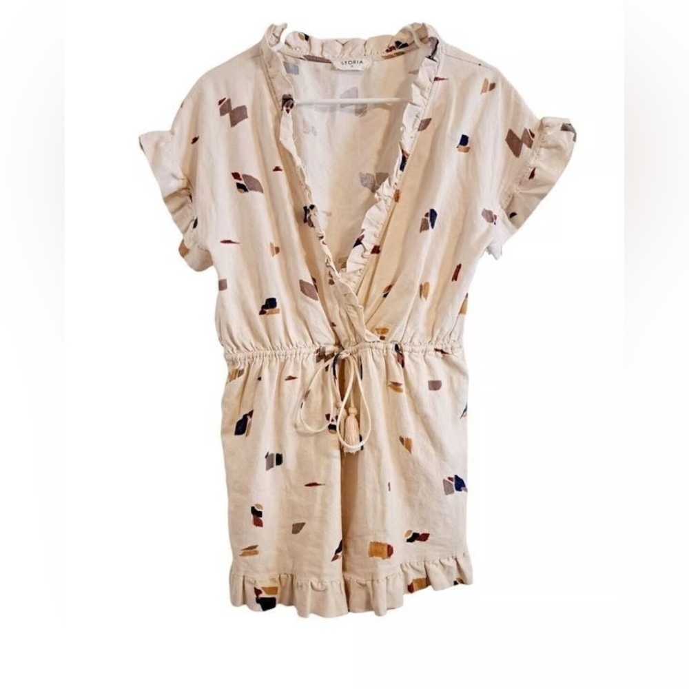 STORIA Romper Cream Multi Color Ruffle Trim Drawstring Tie Rayon Size S